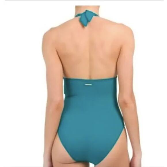 NWT Vince Camuto Swimsuit Halter Plunge Deep V One Piece Aqua Green Size 10 - Picture 5 of 11